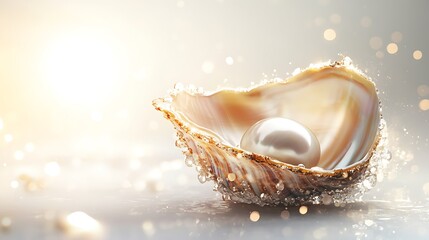 Canvas Print - A beautiful pearl nestled in a shimmering seashell, surrounded by soft light and water droplets.