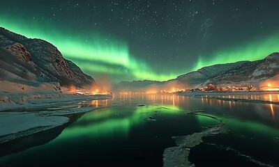 Wall Mural - Stunning auroras illuminate a serene winter landscape at night.