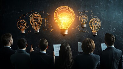 Wall Mural - A group of people in suits observing glowing light bulbs, symbolizing ideas and innovation.