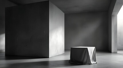 Wall Mural - a minimalistic interior scene featuring a folded tablecloth draped over a simple table resting on a 