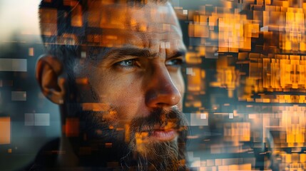 Aufkleber - A contemplative man with a beard stands amidst a blend of abstract pixelated patterns, suggesting a fusion of human emotion and digital technology.