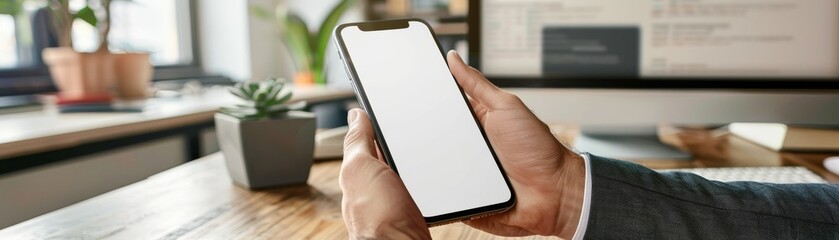 Aufkleber - A person holds a smartphone with a blank screen, seated at a desk with plants and a computer in the background, suggesting a work or study environment.