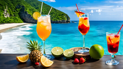 Pretty cocktails at beautiful beach, vacation concept background, ai generated