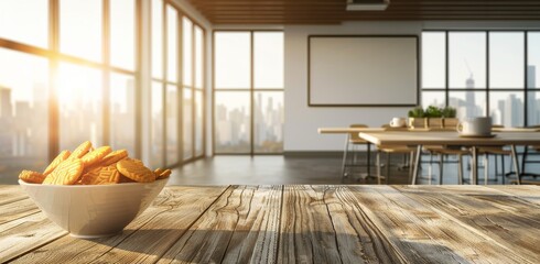 Poster - A modern dining space bathed in sunlight features a bowl of chips on a wooden table, with large windows showcasing a cityscape.