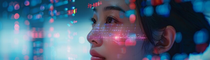 Fototapete - A woman gazes thoughtfully amidst a digital landscape, with vibrant data visuals reflecting on her face, symbolizing the intersection of technology and humanity.