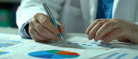 Fototapete - A researcher analyzes data charts and graphs, jotting down observations with a pen, highlighting a focus on detailed analysis.
