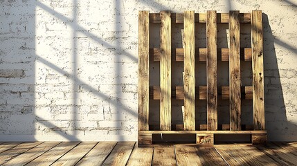 Wall Mural - Rustic Small Wooden Pallet Positioned Elegantly on a Wooden Floor Against a Textured White Wall with Intriguing Light and Shadow Play