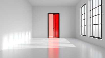 Wall Mural - modern interior with a symmetrical design featuring a bold red door framed by sleek black window sha