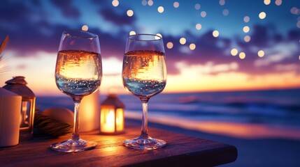 Sticker - Sunset glow illuminates two wine glasses on table, creating romantic ambiance with warm hues scenic backdrop.