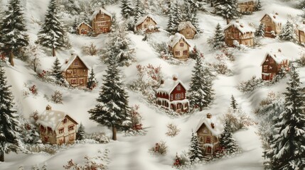 Wall Mural - Charming small houses nestled in snowy forest, surrounded by tall pine trees, creating serene winter wonderland.