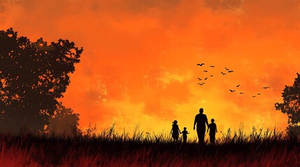 Canvas Print - A silhouette of a family walking against a vibrant sunset backdrop, evoking warmth and togetherness.