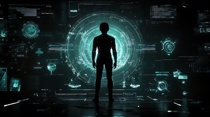 Poster - A silhouetted figure stands before a futuristic digital interface with glowing elements.