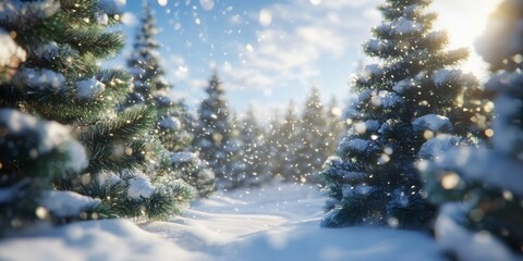 Wall Mural - Serene winter forest with snowcovered path, bare trees, soft white snowflakes creating tranquil, peaceful landscape.