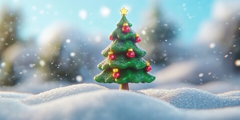Wall Mural - Snowcovered Christmas tree adorned with twinkling lights, surrounded by winter wonderland under starry night sky.