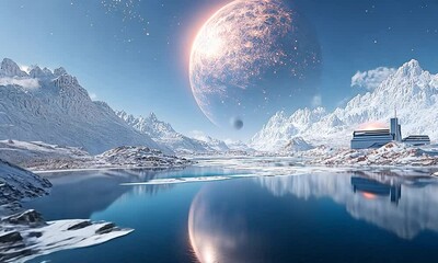 Wall Mural - Surreal winter landscape with a planet and serene lake reflection.