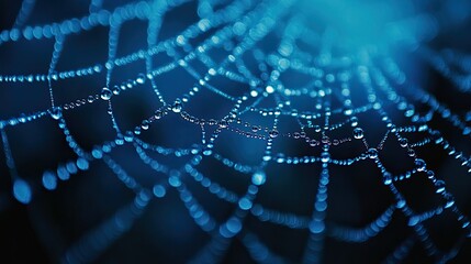 A close-up of a spider web with dew drops on it, against a dark blue background.