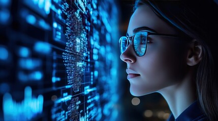 A young woman wearing glasses looks intently at a large screen displaying a complex data visualization.