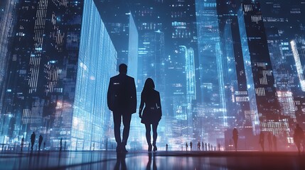 Poster - Silhouettes of two figures walking in a futuristic cityscape filled with glowing skyscrapers.