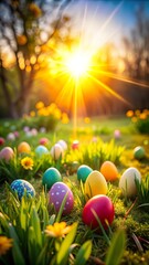  Easter eggs nestled among bright sun rays in a vibrant garden during springtime