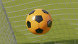 © Tom - A close-up of an orange and black soccer ball hitting the net, capturing the excitement of scoring a goal.