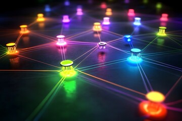Wall Mural - dynamic visualization of interconnected colorful glowing icons in a social media networking framewor