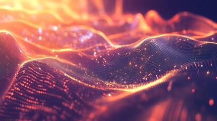 Wall Mural - digital glowing landscape with orange and gold waves of light particles on a dark background
