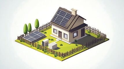 Canvas Print - A modern house with solar panels, surrounded by greenery and a fence, showcasing renewable energy use.