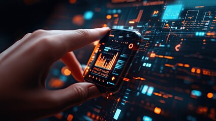 Wall Mural - A hand holding a smartwatch with a graph on the screen in front of a digital interface.