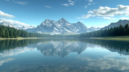  A serene landscape featuring a calm lake reflecting majestic mountains and a clear blue sky, surrounded by lush forests.