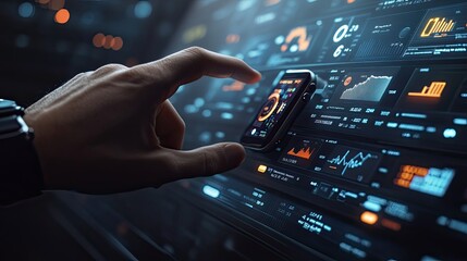 Wall Mural - Hand interacting with futuristic digital interface with graphs, charts, and data.