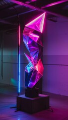 Sticker - Dark industrial space with a large abstract digital sculpture and vibrant magenta light projections