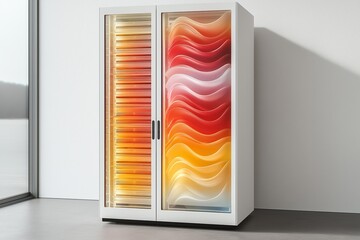 Poster - Futuristic Server Rack with Flowing Red and Yellow Light Waves, Representing Data Processing and Advanced Technology, Generative AI