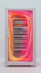 Poster - Futuristic Server Rack with Flowing Red and Yellow Light Waves, Representing Data Processing and Advanced Technology, Generative AI
