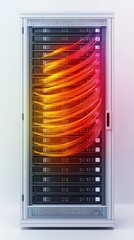 Poster - Futuristic Server Rack with Flowing Red and Yellow Light Waves, Representing Data Processing and Advanced Technology, Generative AI