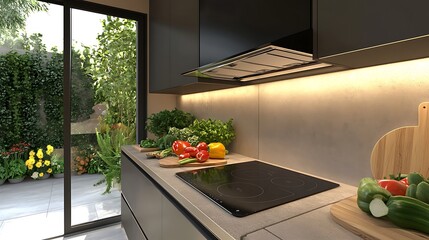 Canvas Print - Modern kitchen with fresh vegetables and a view of a garden.