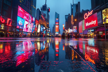 Futuristic city with digital billboards on wet streets