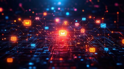 Digital network with glowing icons representing communication.