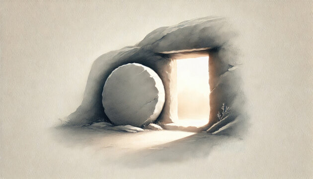 The empty tomb, with the stone rolled away. Digital illustration.