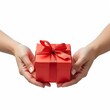 © Mounir - Hands Holding a Gift Box with Red Ribbon Bow 2025 ISOLTED IN WHITE BACKGROUND