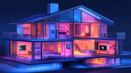 Canvas Print - A modern, vibrant house design illuminated with neon colors, showcasing a stylish interior and exterior layout.