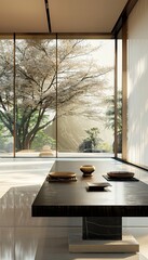 Wall Mural - Modern dining area with black table, wabi sabi tree, natural light, and scenic views through windows