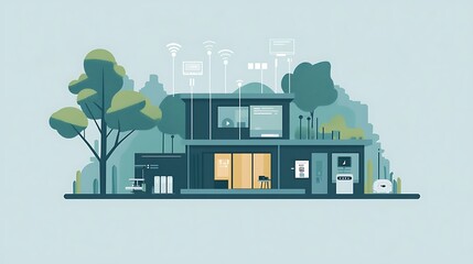 Canvas Print - A modern house illustration showcasing smart technology and greenery.