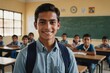 © ThomasLENNE - Close portrait of a smiling young Guatemalan male elegant primary school student standing and looking at the camera, indoors almost empty classroom blurred background