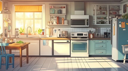 Canvas Print - A bright, modern kitchen filled with sunlight, featuring appliances, plants, and a dining table.