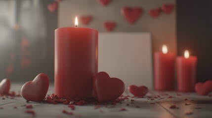 Valentine's day candle display with heart shaped decorations for romantic ambiance