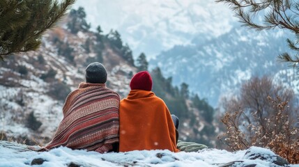 Couple Embracing Serenity in Snowy Himalayas, surrounded by majestic peaks, bundled in cozy attire, savoring a peaceful moment in a winter wonderland