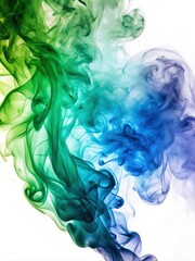 Wall Mural - Colorful smoke swirls in green, blue, and white hues against a white background. Generative AI