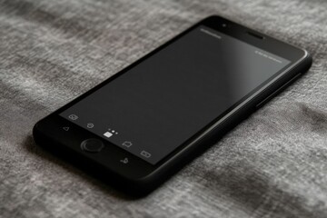 Close-up view of a modern black smartphone on a gray fabric background