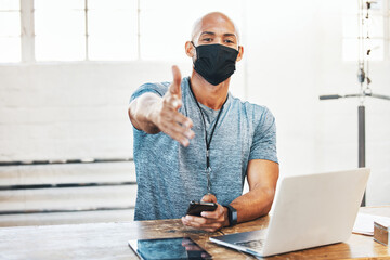 Canvas Print - Handshake, man and face mask portrait at gym with tech, greeting and personal trainer with onboarding and membership. Club, online and welcome with virus safety and digital training class with laptop