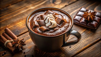 Poster - A mug of rich hot chocolate with a swirl of whipped cream and chunks of chocolate on a rustic wooden table